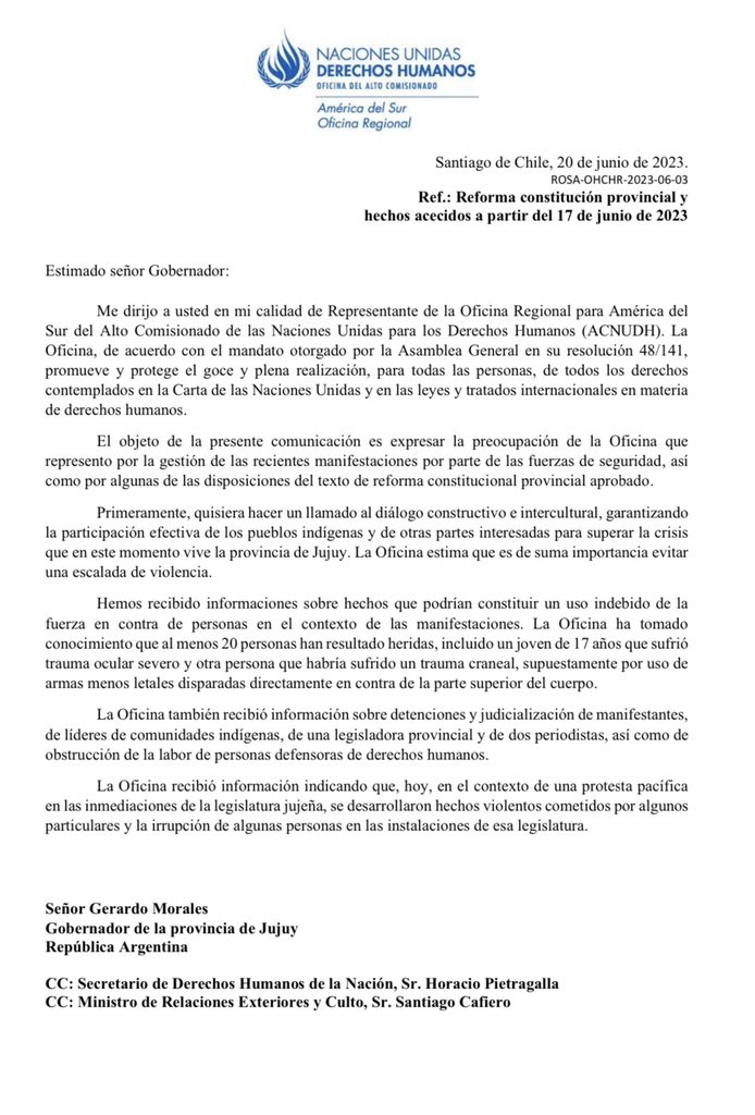 CRISTINA: '¿LEYÓ BIEN MORALES LO QUE DICE EL REPRESENTANTE DEL ALTO COMISIONADO DE LA ONU?'. La vicepresidenta compartió un comunicado y volvió a dirigirse al gobernador de Jujuy.